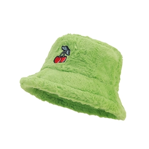 Cute light green plush bucket hat with cherry embroidery for winter casual wear