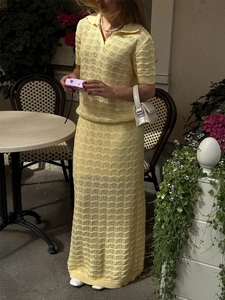 Women Knitted Viscose Crochet Hollow Out Polo Top And Maxi Skirt Summer Casual French Retro Elegant Outfit