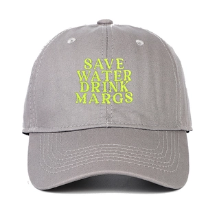 Detailed embroidery of Save Water Drink Margs slogan on a grey cotton baseball cap