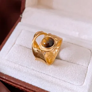 Vintage double layer gold open ring with hammered texture and round tiger eye stone inlay