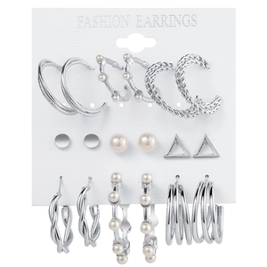 9-piece set of silver-tone hoop earrings with pearls and geometric shapes on a white card