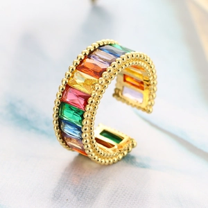 Adjustable gold open ring with colorful rainbow rectangular zircons and beaded edge details