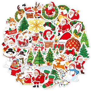 Set of 100 holographic Christmas stickers featuring Santa, trees, and reindeer motifs