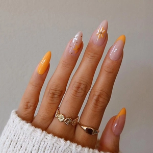 French Almond Press On Nails Orange White Daisy Flower Design Glossy False Nails For Women Daily Manicure