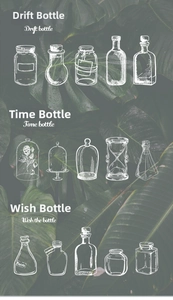 Detail of white glass vessel line art stickers on dark tropical leaf background