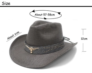 Detailed dimensions of gray straw cowboy hat with bull head logo and rivet decoration