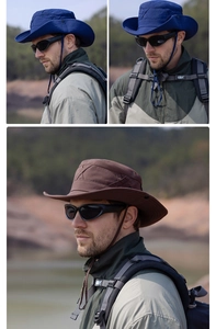 Detail of outdoor sun hat with adjustable chin strap and foldable brim in dark blue and brown