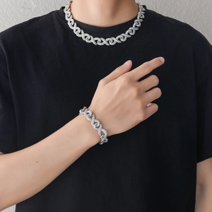 Hip hop silver plated Cuban link chain and bracelet set with iced out rhinestones for men