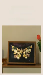 Detail of DIY seashell butterfly shadow box with warm LED lighting and wooden frame