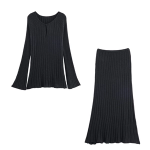 Women's black V-neck long sleeve knit top and midi skirt two-piece set in ribbed texture