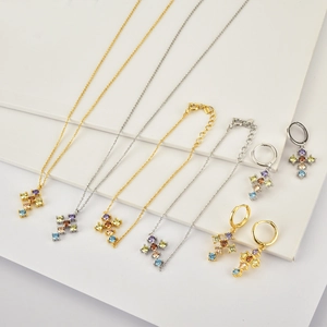 925 Sterling Silver colorful zircon cross bracelet and jewelry set in gold and silver
