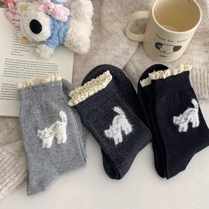 Women Crew Socks Combed Cotton Breathable Japanese Cute Cartoon Cat Pattern Lace Trim Flocking Mid Calf Casual Hosiery