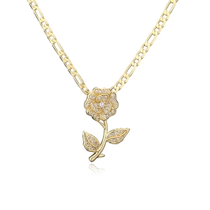 Detail of 18K gold-plated rose pendant necklace with sparkling zircons and Figaro chain