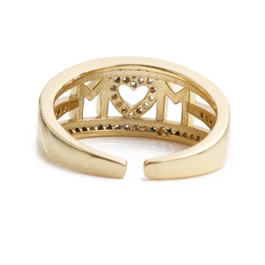Detailed close-up of golden MOM letter and heart hollow-out design adjustable ring