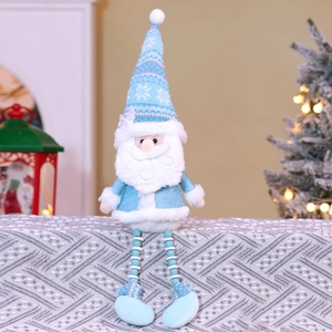 Bambola di Babbo Natale in maglia blu e bianca con gambe lunghe per decoro tavolo