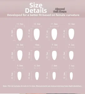 Detailed size chart showing 12 dimensions for almond-shaped short press-on nails