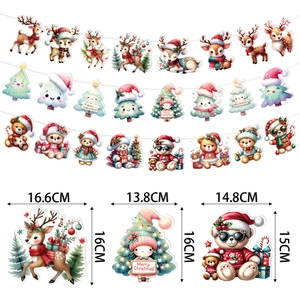Christmas party banners with watercolor reindeer, tree, and bear patterns on white backdrop