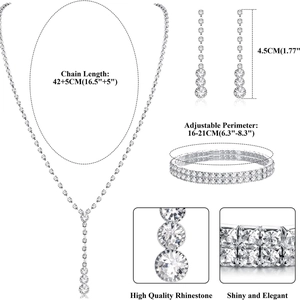 Silver bridal rhinestone jewelry set with drop necklace, drop earrings and bracelet