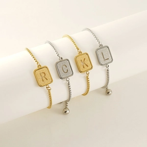 Adjustable stainless steel chain bracelets with frosted square initial pendants in gold and silver