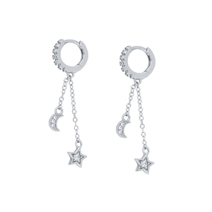 Close-up of S925 star and moon earrings with sparkling zircon stones and silver chains