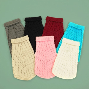 Colorful pet knit sweaters in cable knit pattern for dogs and cats in various solid tones