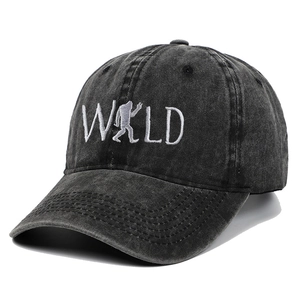 Vintage washed charcoal baseball cap with white WILD Bigfoot silhouette embroidery