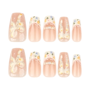 Short ballet press-on nails set with 3D bows, pearls, and cat eye floral patterns