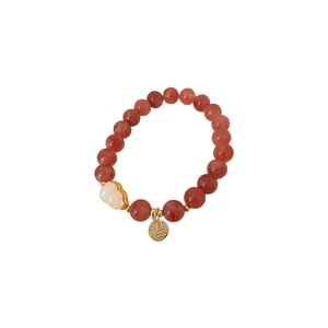 Strawberry quartz beaded bracelet with a shell gourd and golden Fu character charm