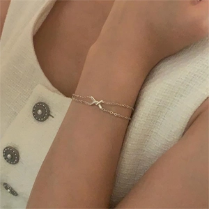 925 Sterling Silver Double Layered Bracelet For Women Minimalist Twisted Knot X Shape Adjustable Chain Fashion Accessory