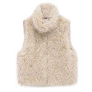Chic beige faux fur high neck vest for women with plush texture and minimalist design