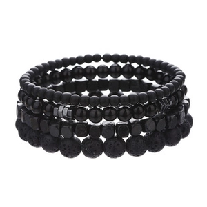 Detailed set of 5 black bracelets with lava stone, matte agate, and polished beads