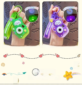 Detail showing cartoon camera keychain with 8-pattern light projection function