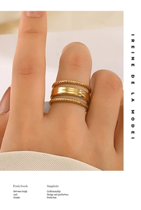 Detailed view of three layered 18K gold plated minimalist stackable rings on finger