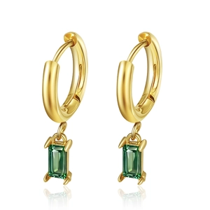 Gold hoop earrings with rectangular green zircon pendants on white background