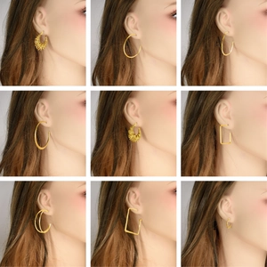 Collection of vintage gold spring spiral earrings in round and geometric hollow shapes