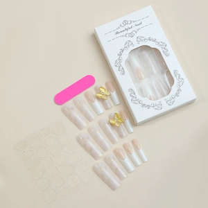 Extra long coffin press-on nails set with 3D gold butterflies and French marble patterns