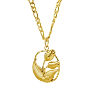 Vintage gold tulip pendant necklace with hollow oval frame on thick link chain