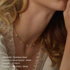 Elegant stainless steel choker necklace with 4mm imitation pearls in 14K gold finish on a model