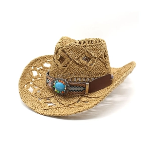 Hollow out straw cowboy hat with turquoise ethnic leather band for summer sun protection