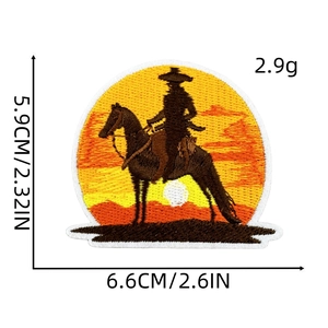 Detail showing dimensions of round cowboy silhouette embroidered patch with sunrise colors