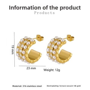 Detailed specs of 18K gold plated stainless steel C-hoop earrings with pearls and stones