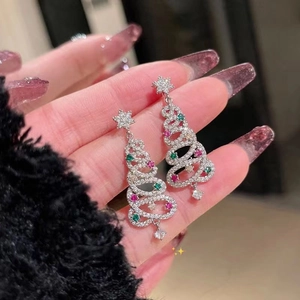Christmas tree earrings with S925 silver needles and multicolor sparkling crystals