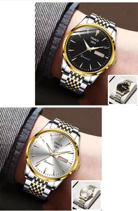 Macro detail of business men's watch with steel band and dual day-date calendar display