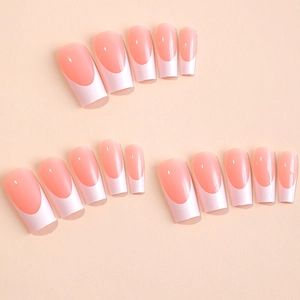 Classic long white French tip press-on nails with glossy pink base in 24-piece set