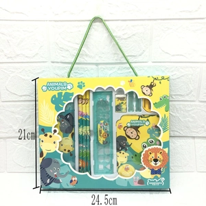 Front view of cartoon animal stationery gift set showing pencils and ruler details