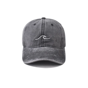 Vintage dark grey washed cotton baseball cap with white wave embroidery on front