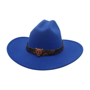 Detailed view of navy blue wool felt cowboy hat featuring a bronze leopard buckle decor