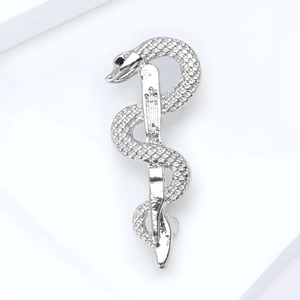 Macro detail of silver snake caduceus brooch with sparkling crystal rhinestones