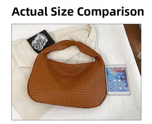 Brown woven hobo bag detail next to an iPad for size comparison in office style
