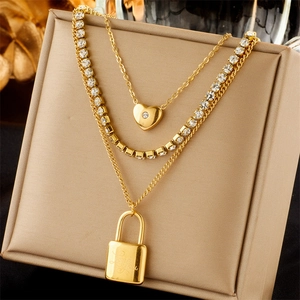 Gold Plated Stainless Steel Multi Layer Necklace For Women Heart Padlock Pendant Rhinestone Chain Punk Hip Hop Jewelry Gift